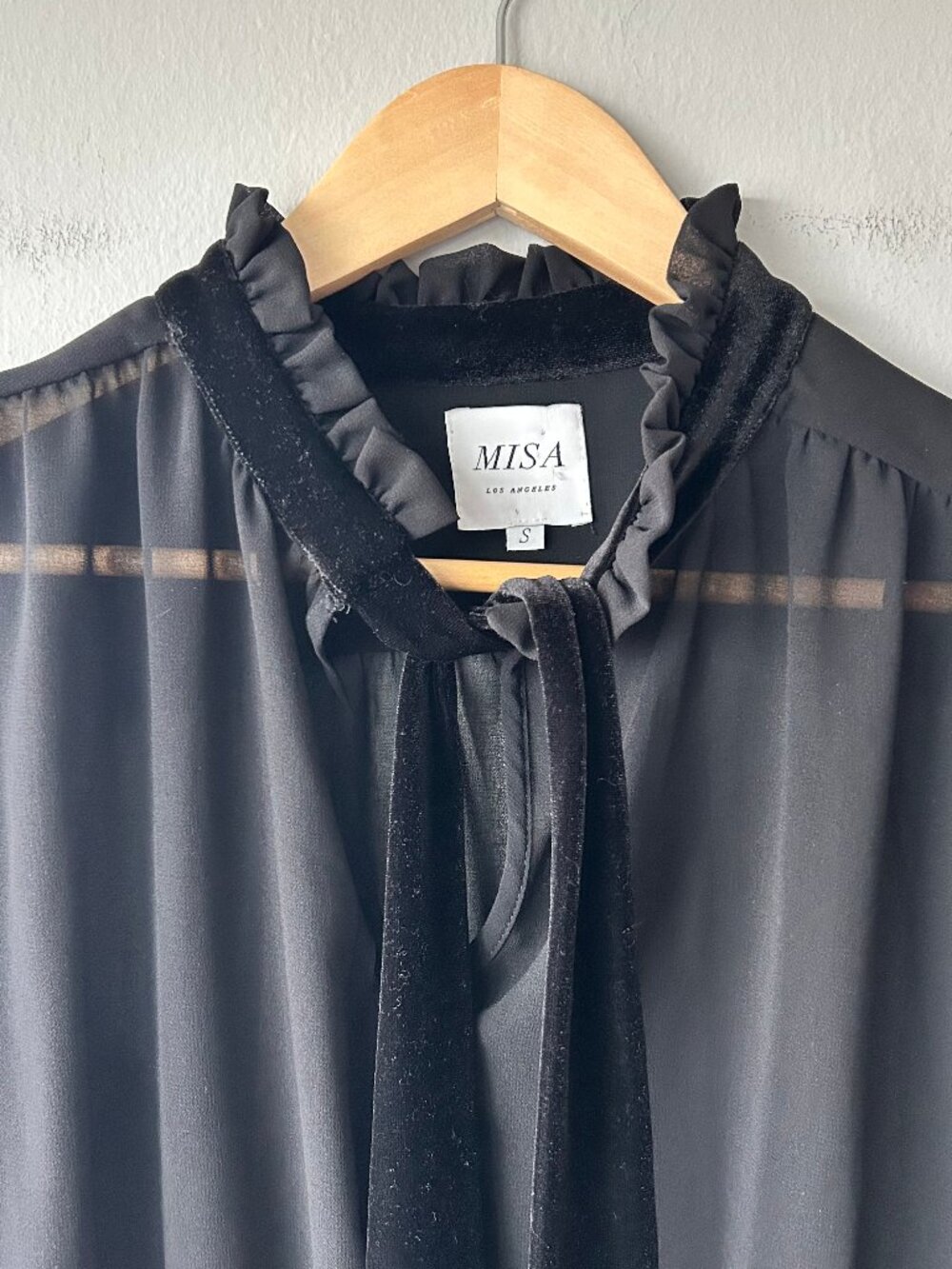 MISA Los Angeles Black Sheer Velvet Tie Neck Blouse Size Small Women's - Picture 3 of 9